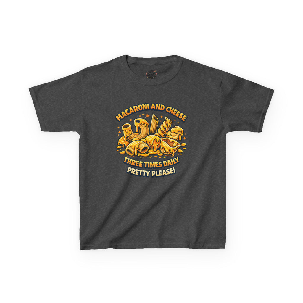 Kids Macaroni & Cheese Tee — "Macaroni and Cheese Three Times Daily, Pretty Please!"