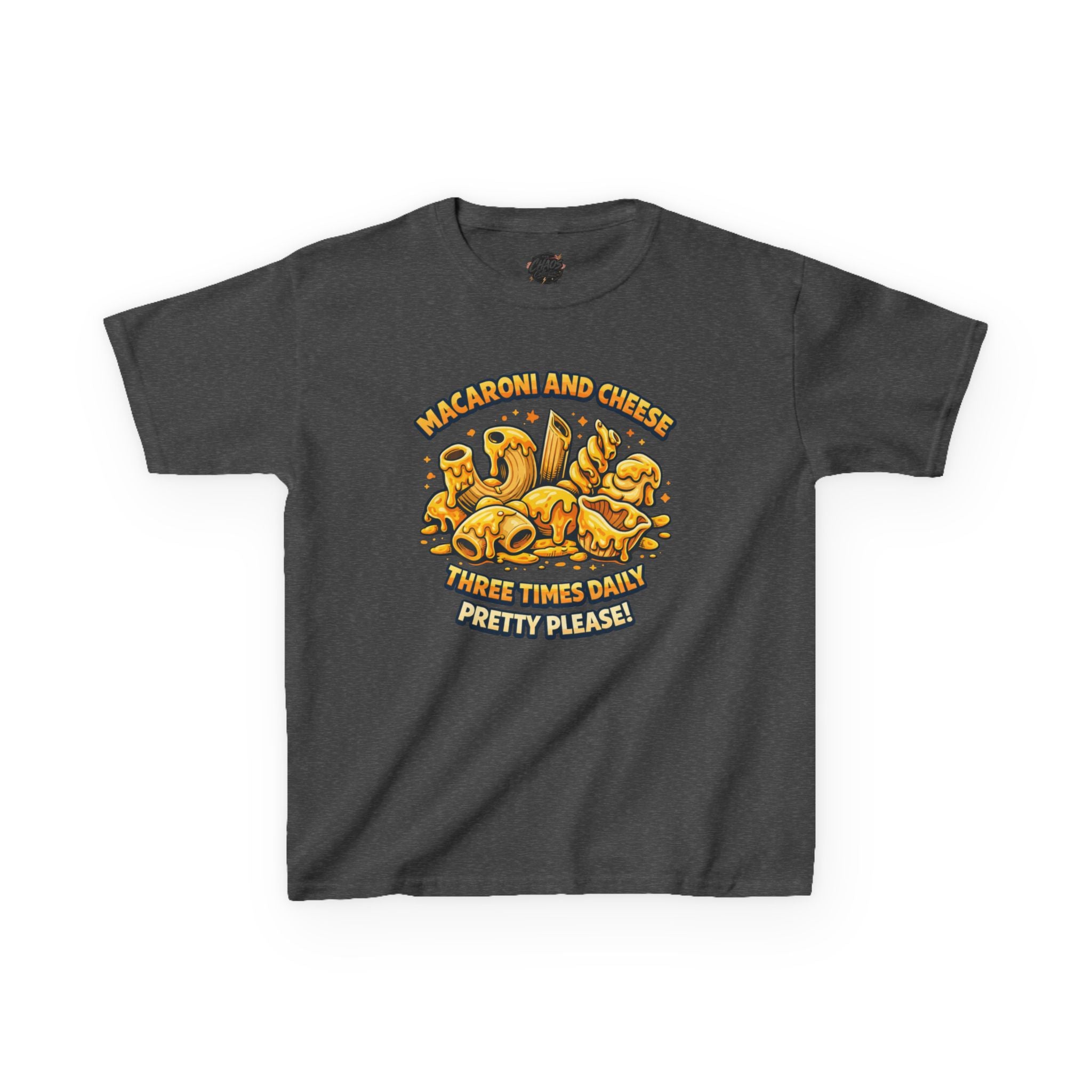 Kids Macaroni & Cheese Tee — "Macaroni and Cheese Three Times Daily, Pretty Please!"