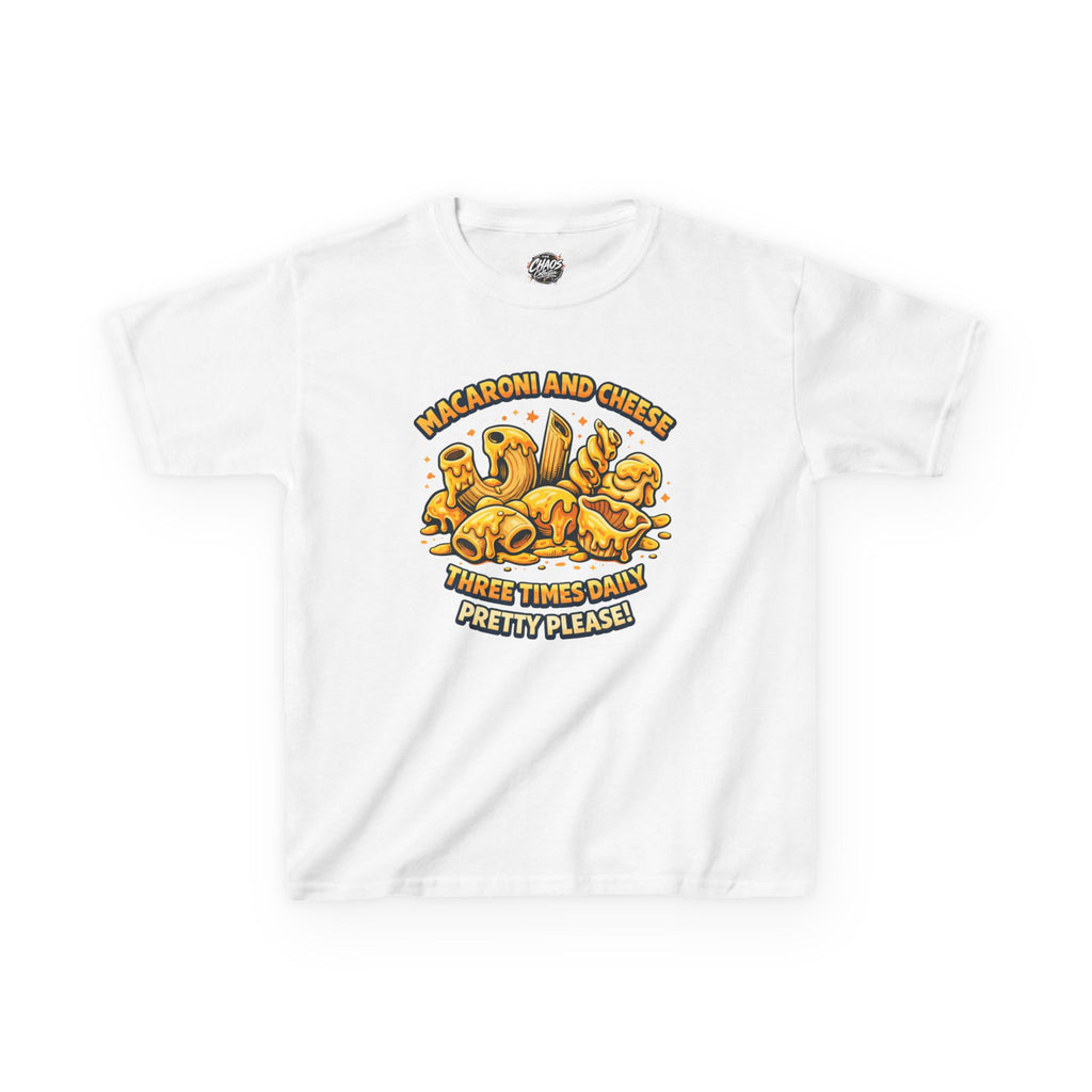 Kids Macaroni & Cheese Tee — "Macaroni and Cheese Three Times Daily, Pretty Please!"