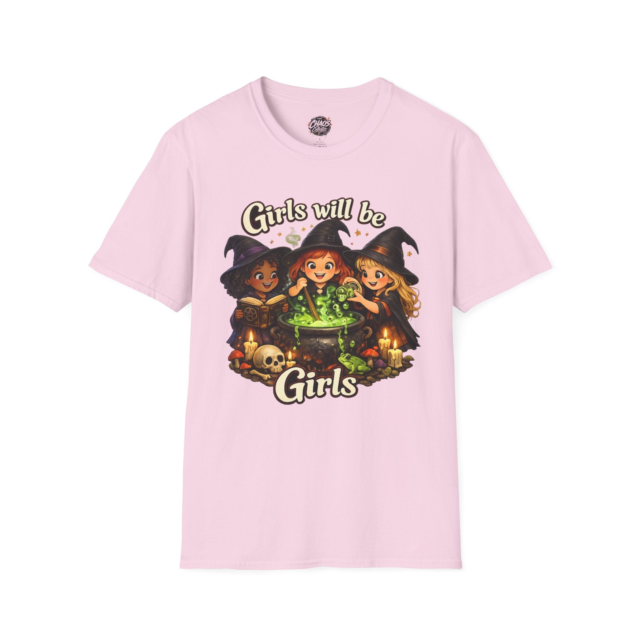 Girls Will Be Girls Witch T-Shirt — Cute Halloween Witch Trio Graphic Tee - Girls Will Be Girls Witch Shirt – Cute Pink Halloween Graphic Tee, Girly Witch Aesthetic Spooky Shirt