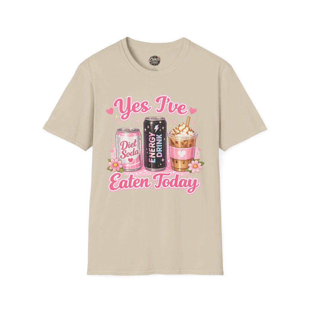 Funny Caffeine Lover Shirt – “Yes I’ve Eaten Today” Diet Soda, Energy Drink & Iced Coffee Tee – Girly Basic Coffee Girl T-Shirt