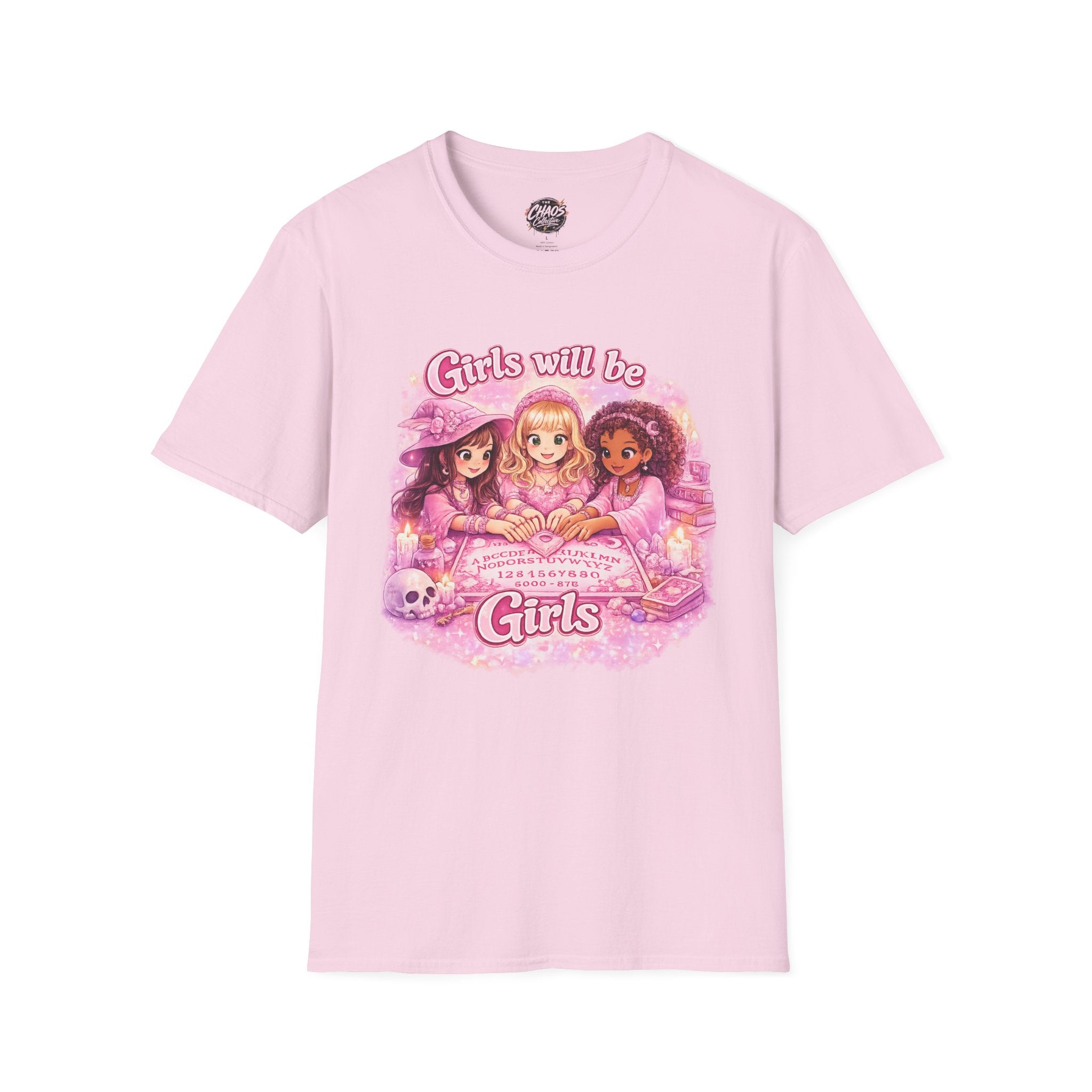Girls Will Be Girls Women's T‑Shirt — Pink Retro Friendship Graphic Tee - Girls Will Be Girls Witchy Ouija Board Shirt - Trendy Witchcore Graphic Tee