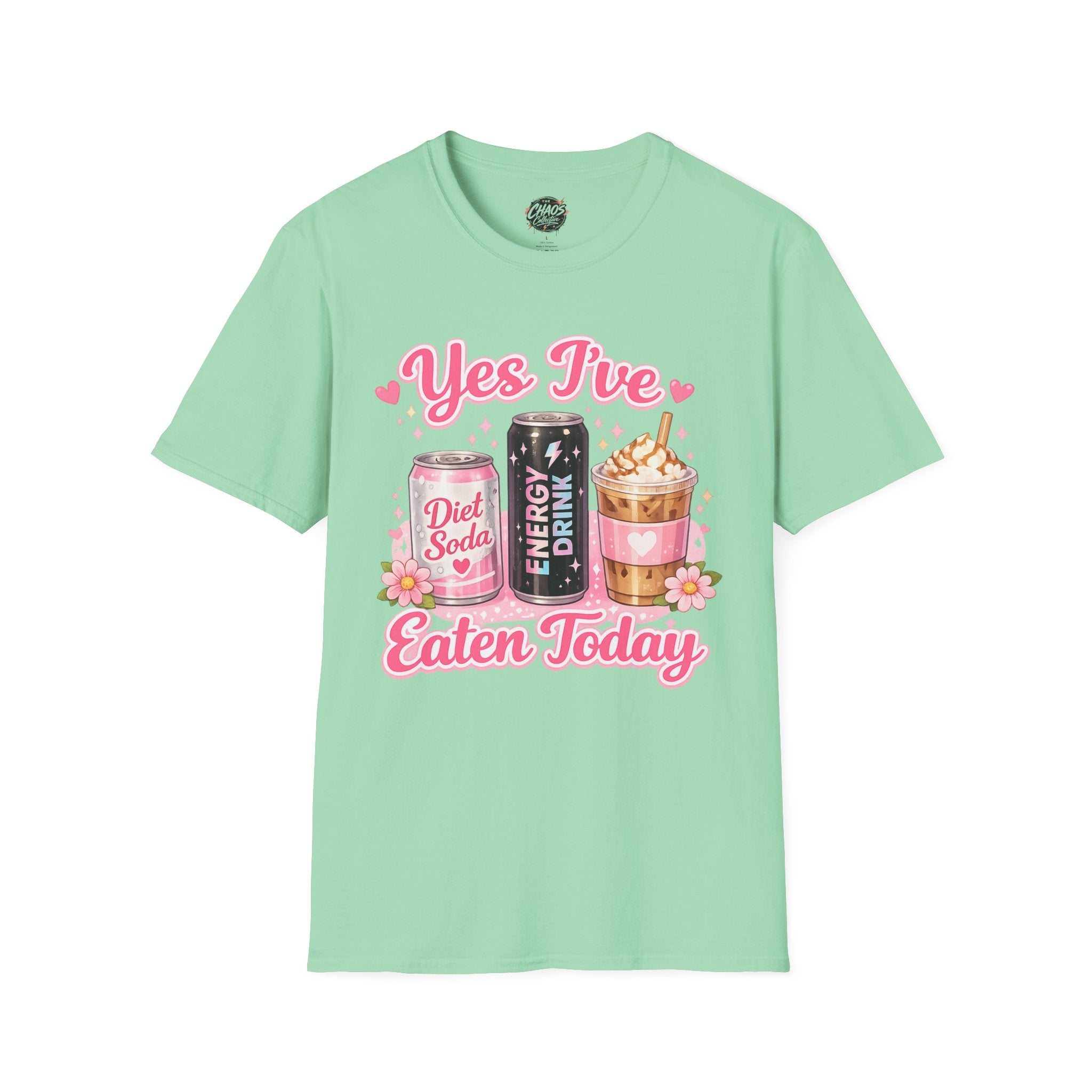 Funny Caffeine Lover Shirt – “Yes I’ve Eaten Today” Diet Soda, Energy Drink & Iced Coffee Tee – Girly Basic Coffee Girl T-Shirt