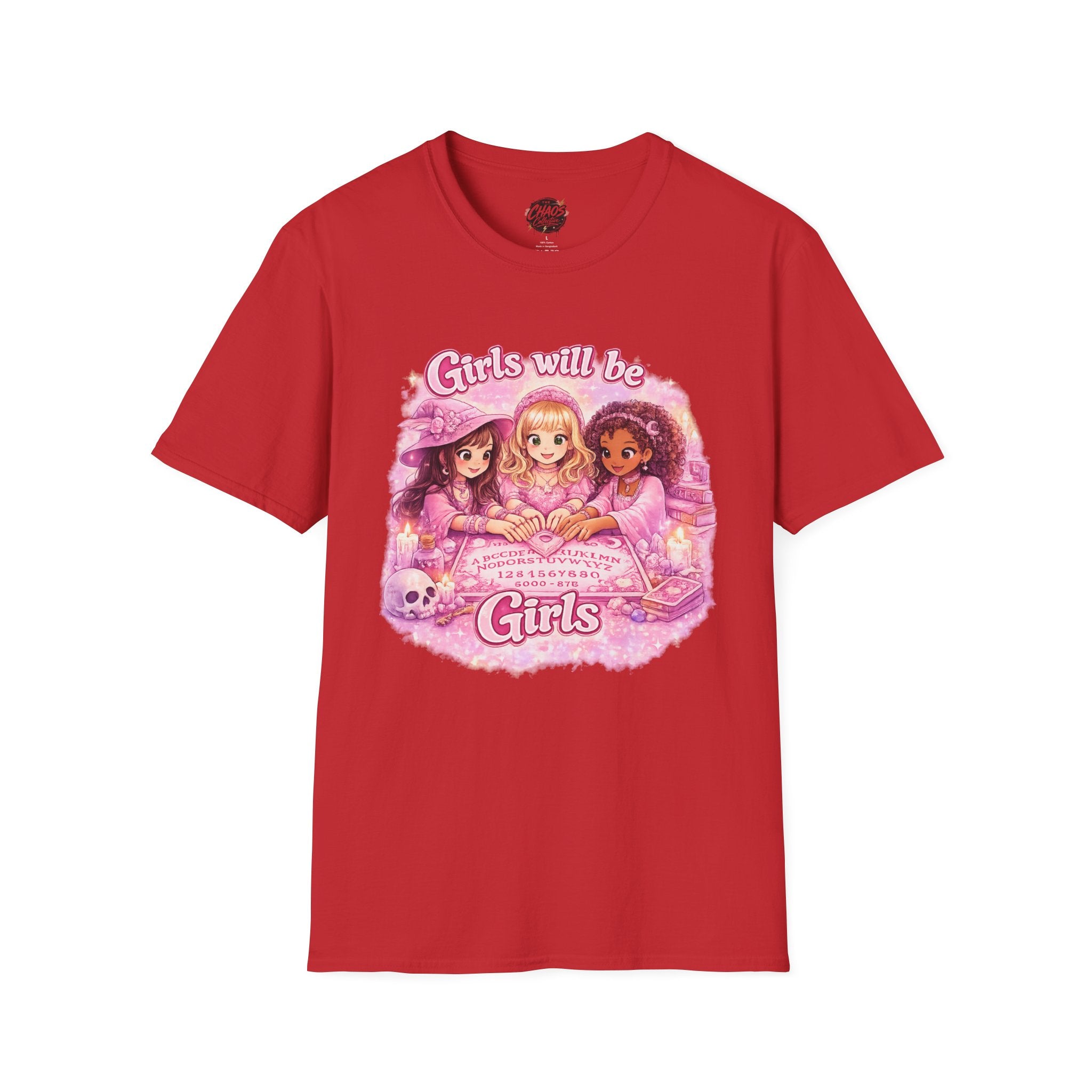 Girls Will Be Girls Women's T‑Shirt — Pink Retro Friendship Graphic Tee - Girls Will Be Girls Witchy Ouija Board Shirt - Trendy Witchcore Graphic Tee