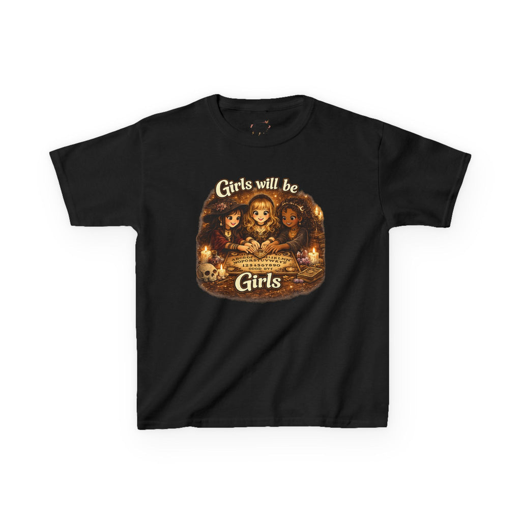Girls Will Be Girls Kids Tee — Vintage Floral Trio Graphic Shirt - Witchy Girls Ouija Board Shirt - Spooky Cute Girls Shirt
