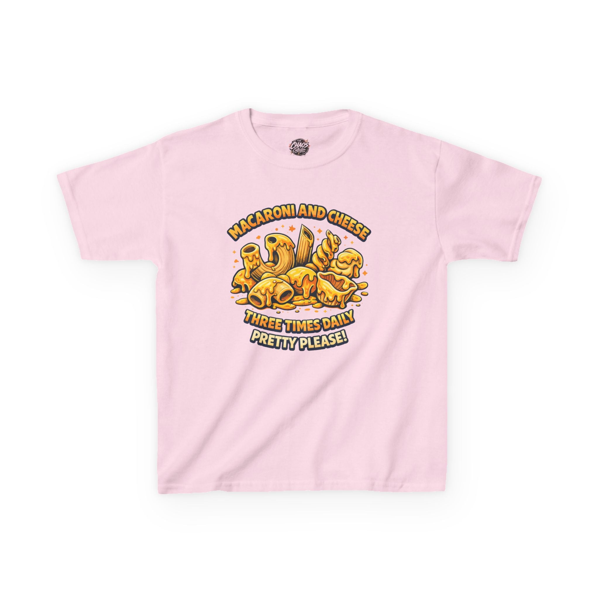 Kids Macaroni & Cheese Tee — "Macaroni and Cheese Three Times Daily, Pretty Please!"