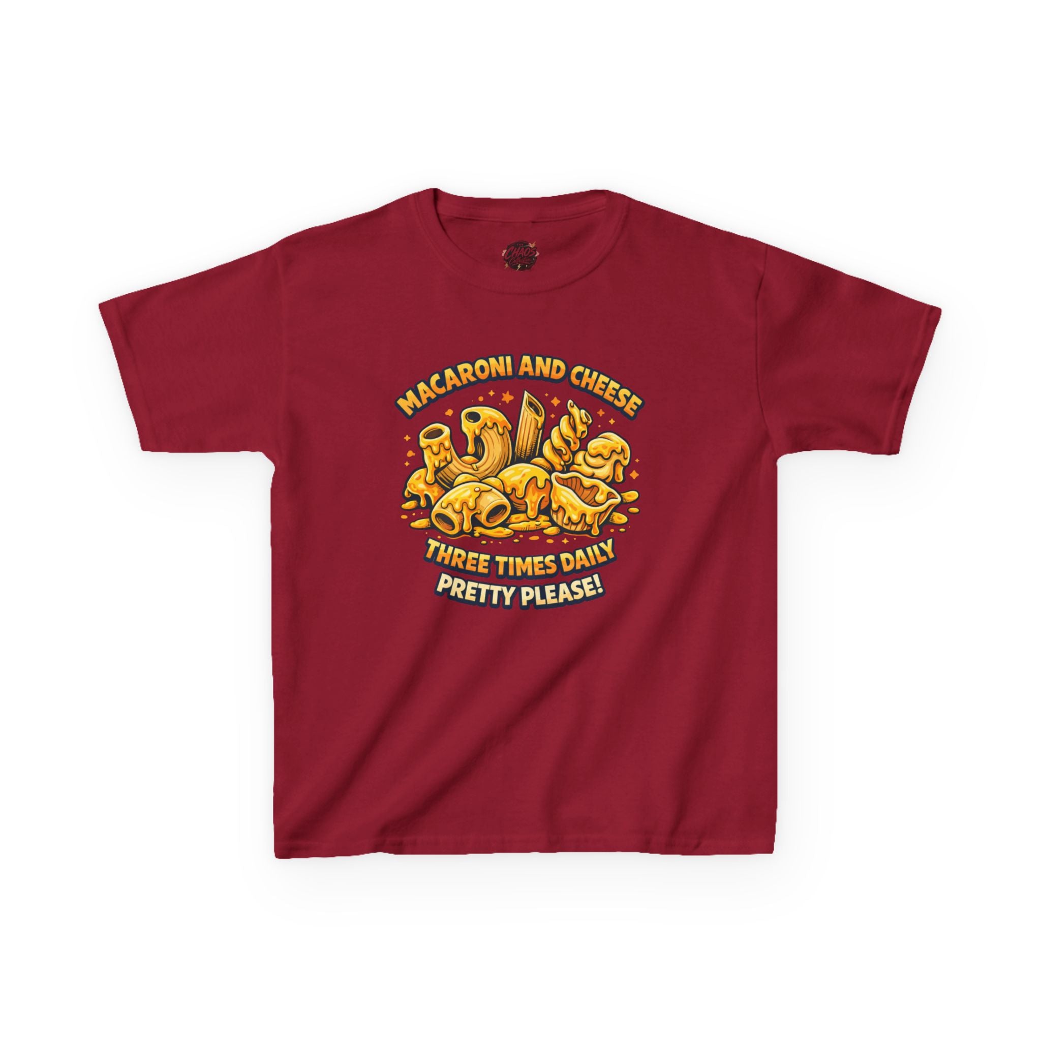 Kids Macaroni & Cheese Tee — "Macaroni and Cheese Three Times Daily, Pretty Please!"