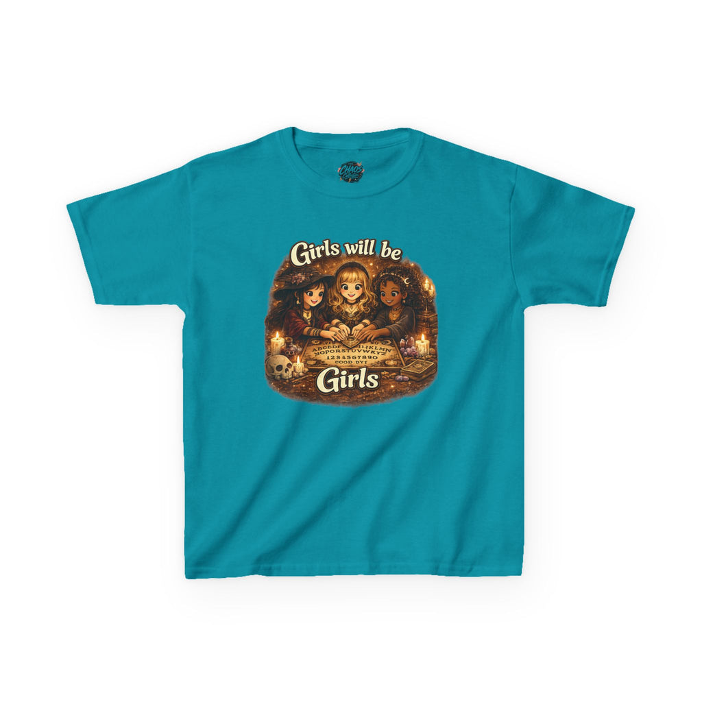 Girls Will Be Girls Kids Tee — Vintage Floral Trio Graphic Shirt - Witchy Girls Ouija Board Shirt - Spooky Cute Girls Shirt