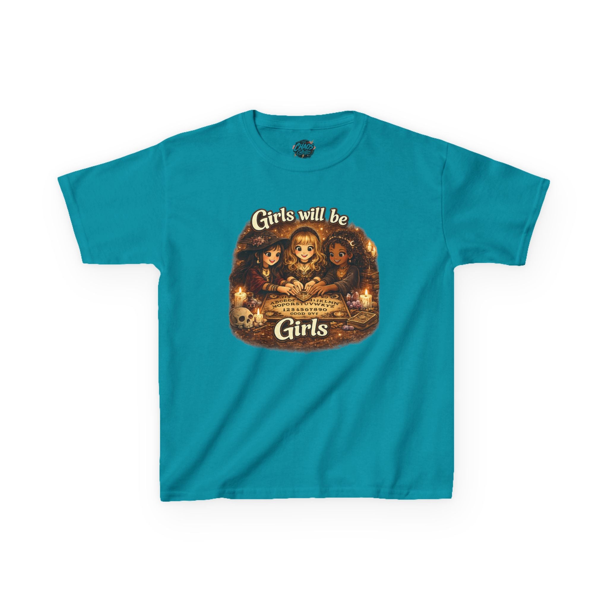 Girls Will Be Girls Kids Tee — Vintage Floral Trio Graphic Shirt - Witchy Girls Ouija Board Shirt - Spooky Cute Girls Shirt